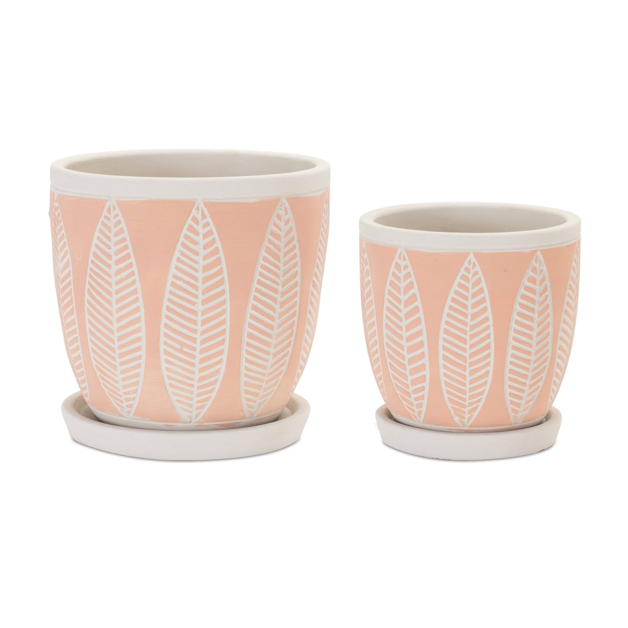 Pink Leaves Cement Planters with Plates Set